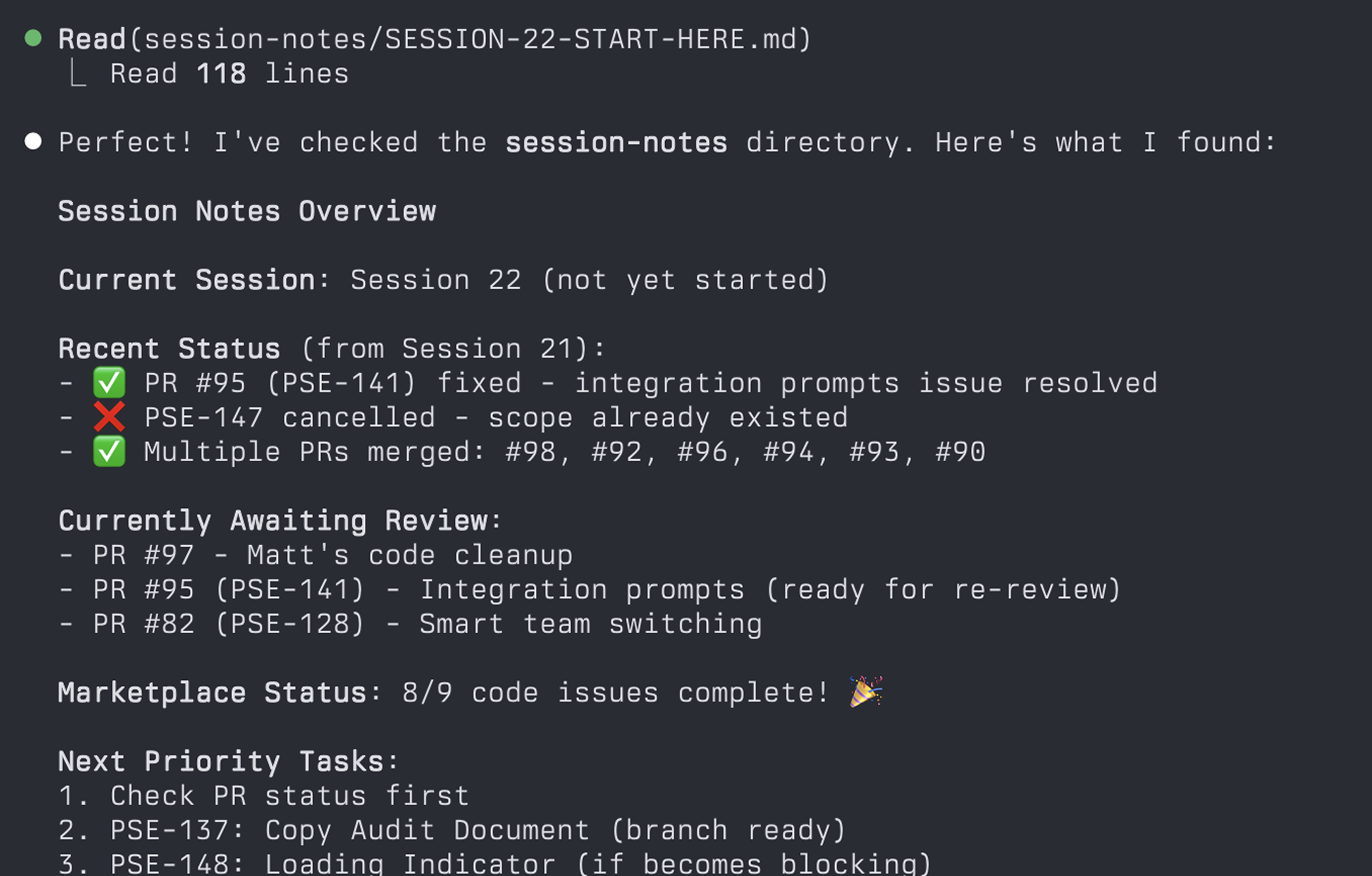 Claude Code response showing project context analysis and next steps